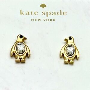 KATE SPADE Fancy PENGUIN Crystal Stud Earrings Gold Tone Black White NWT on Card